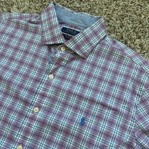 Polo Ralph Lauren Large 100% Cotton Stretch Shirt Pink Blue Plaid Button Up